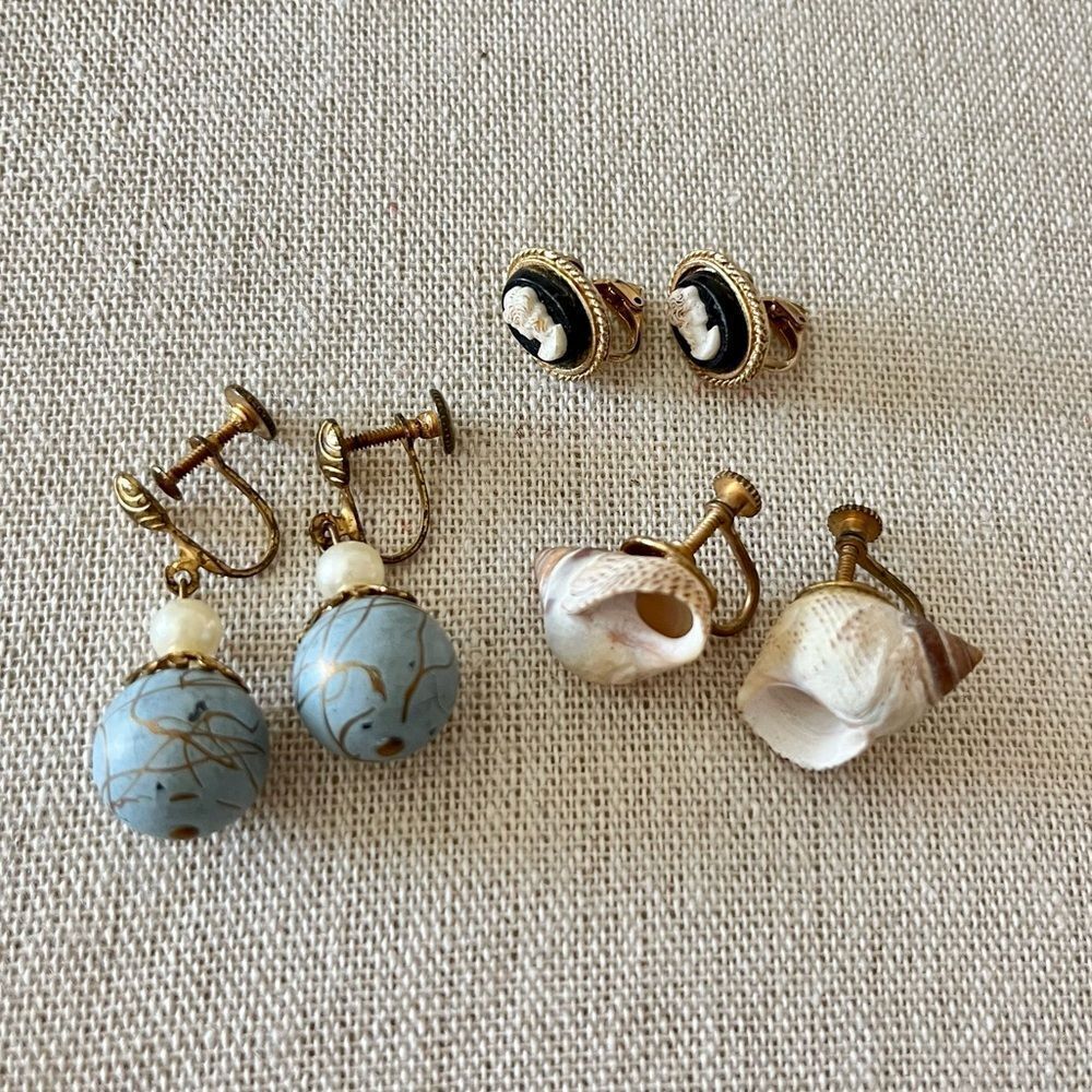 Vintage Clip On Earring Lot Seashell Cameo Pearl